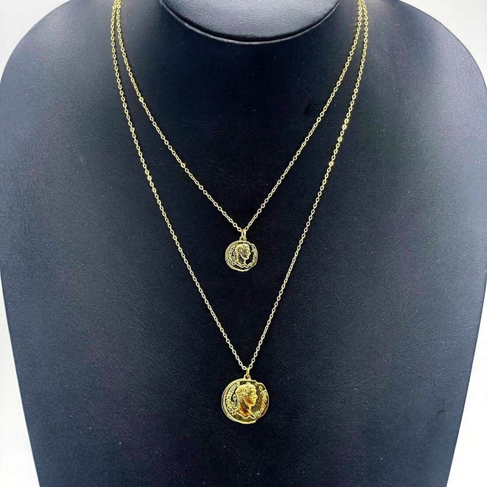 Sha Shi Queen Coin Double Chain Necklace Spring Ring Gold Tone 16-18 Inches
